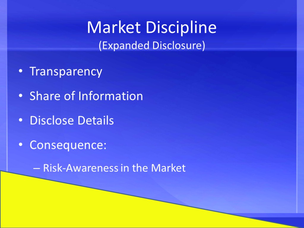 Market Discipline (Expanded Disclosure) Transparency Share of Information Disclose Details Consequence: Risk-Awareness in the